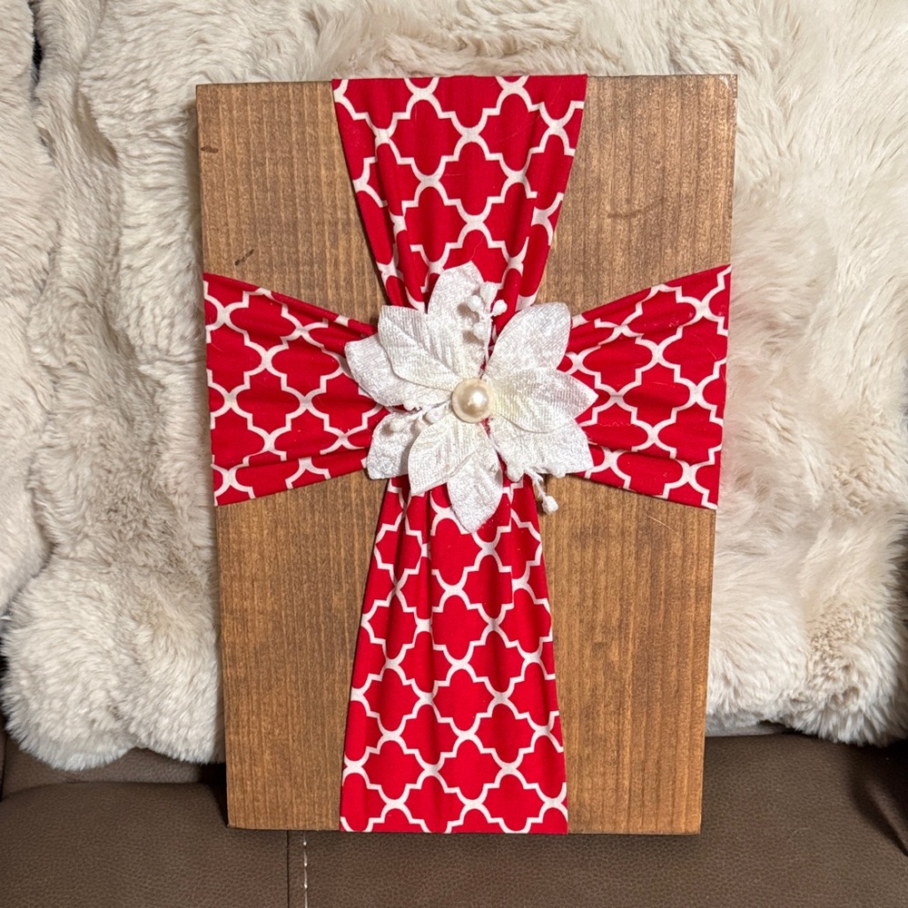 Festive Red and White Holiday Wall Art With a Fabric Cross—-Handmade